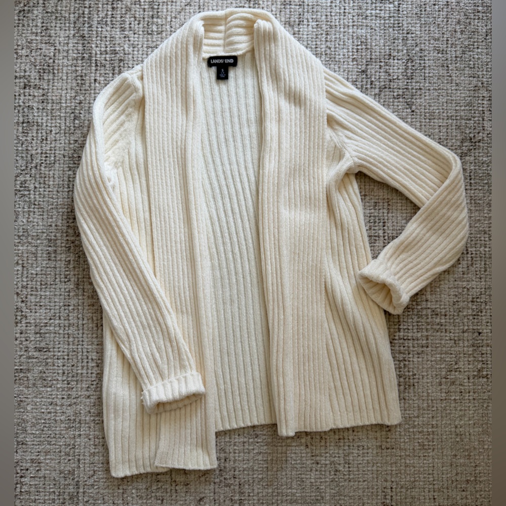 Lands' End Cream Ribbed Knit Cardigan